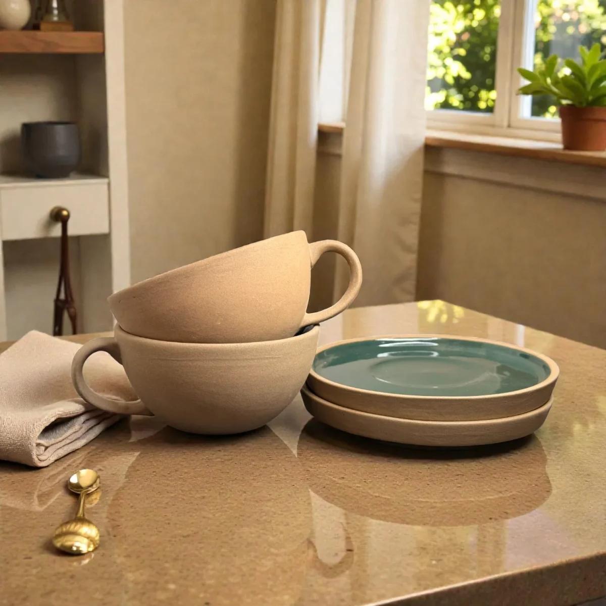 Harmiche SageTide Ceramic Cup & Saucer Set (Set of 2) – 300ml Tea/Coffee Cups with Matching Saucers