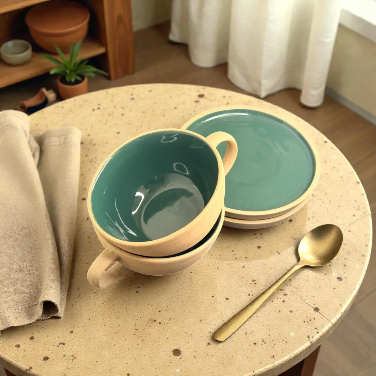 Harmiche SageTide Ceramic Cup & Saucer Set (Set of 2) – 300ml Tea/Coffee Cups with Matching Saucers