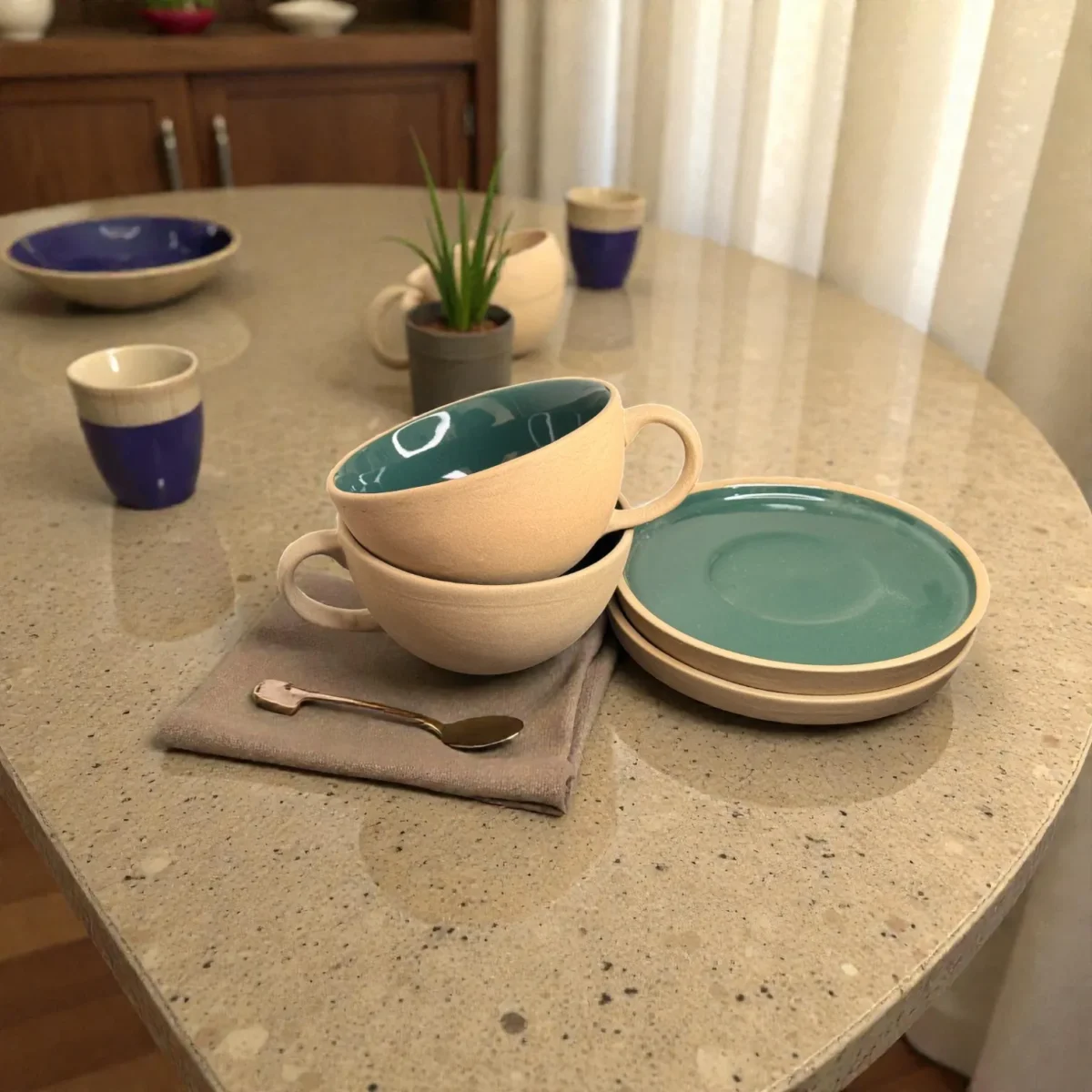 Harmiche SageTide Ceramic Cup & Saucer Set (Set of 2) – 300ml Tea/Coffee Cups with Matching Saucers