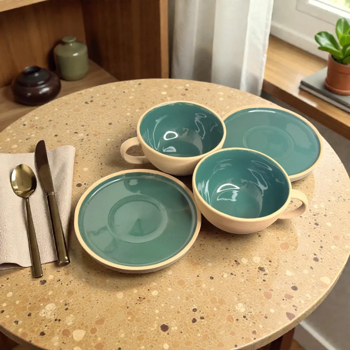 Harmiche SageTide Ceramic Cup & Saucer Set (Set of 2) – 300ml Tea/Coffee Cups with Matching Saucers