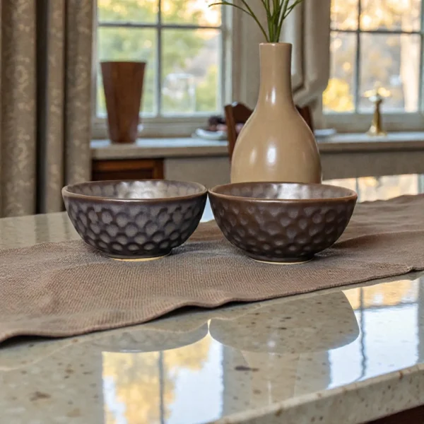 Harmiche Graphite Pebble Ceramic Katori Set (Set of 2) – Textured Serving Bowls for Dal, Curd & Desserts