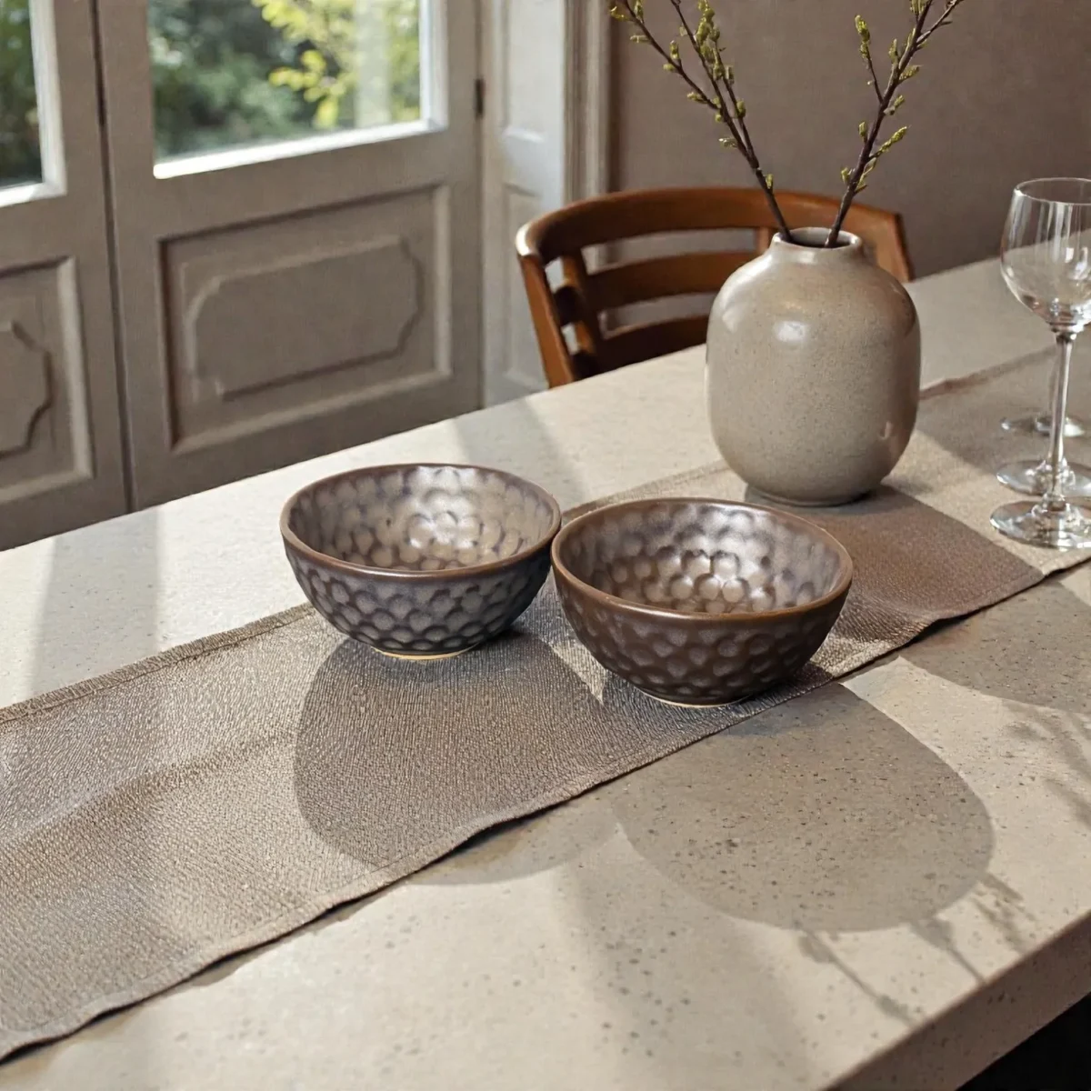 Harmiche Graphite Pebble Ceramic Katori Set (Set of 2) – Textured Serving Bowls for Dal, Curd & Desserts