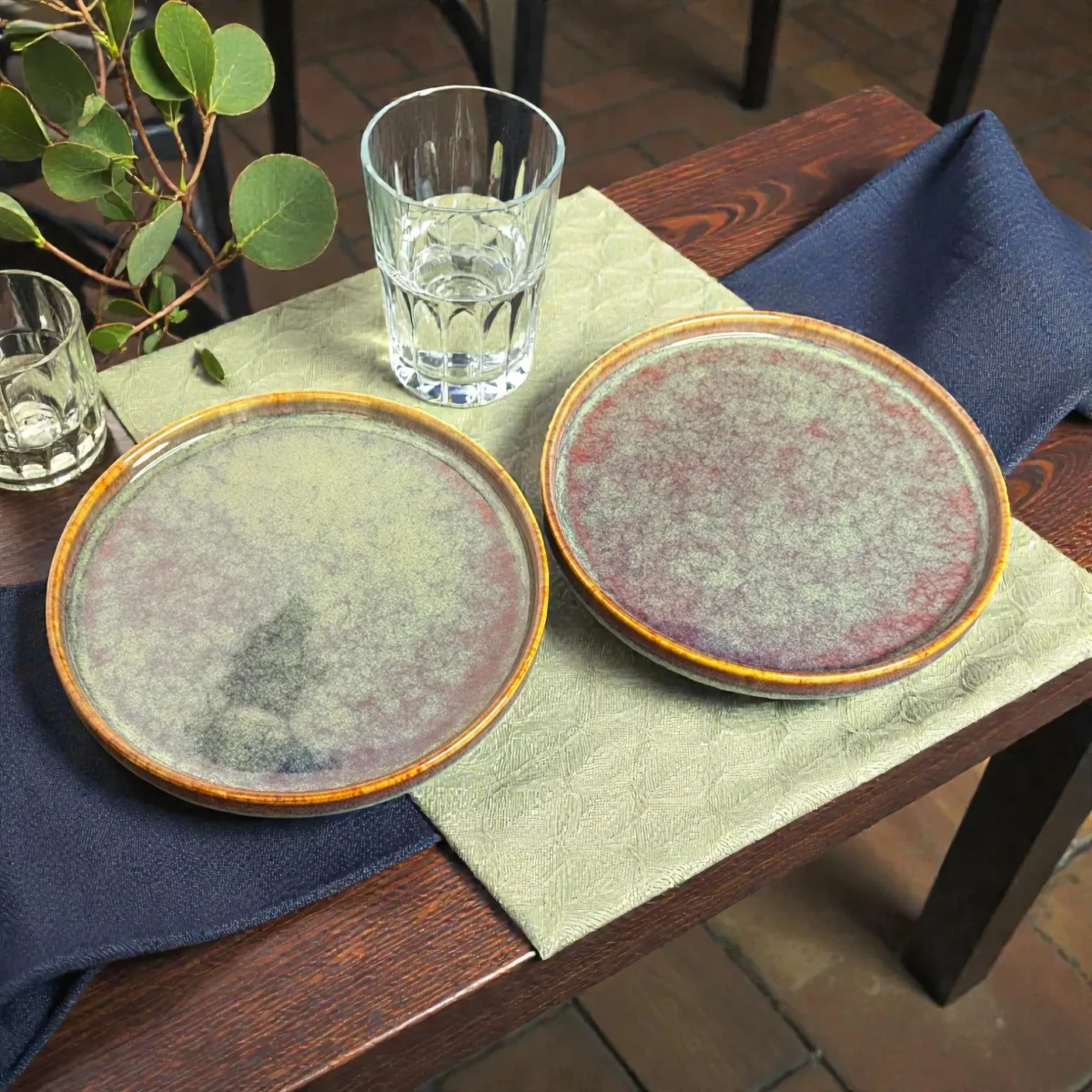 Harmiche Ember Moss Ceramic Quarter Plates with Rim (Set of 2) – 8 Inch Snack & Dessert Plates