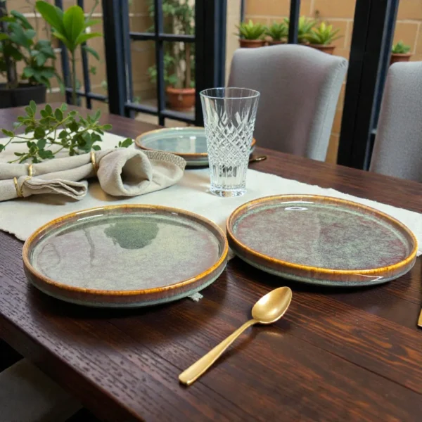 Harmiche Ember Moss Ceramic Quarter Plates with Rim (Set of 2) – 7 Inch Snack & Dessert Plates