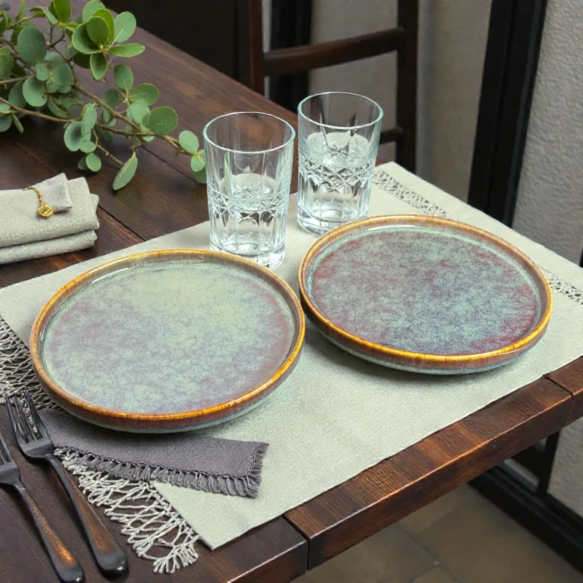 Harmiche Ember Moss Ceramic Quarter Plates with Rim (Set of 2) – 7 Inch Snack & Dessert Plates