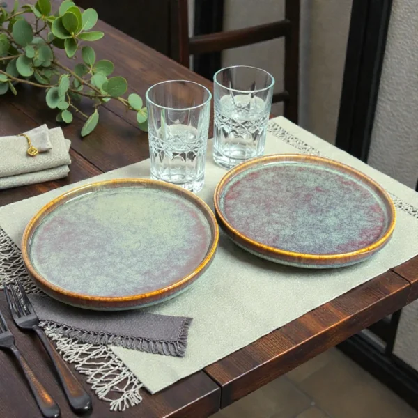 Harmiche Ember Moss Ceramic Quarter Plates with Rim (Set of 2) – 7 Inch Snack & Dessert Plates