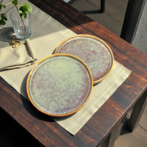 Harmiche Ember Moss Ceramic Quarter Plates with Rim (Set of 2) – 7 Inch Snack & Dessert Plates