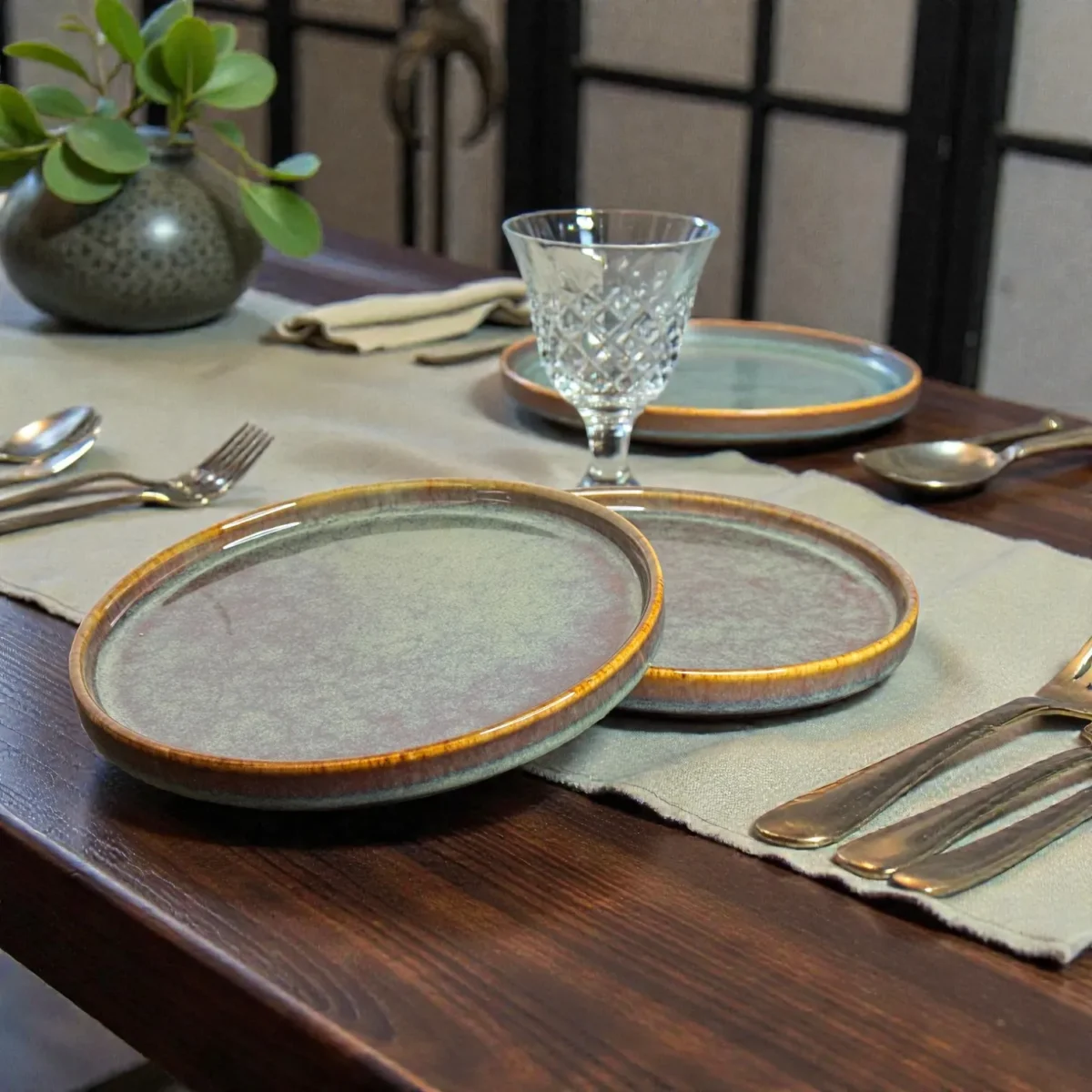 Harmiche Ember Moss Ceramic Quarter Plates with Rim (Set of 2) – 7 Inch Snack & Dessert Plates