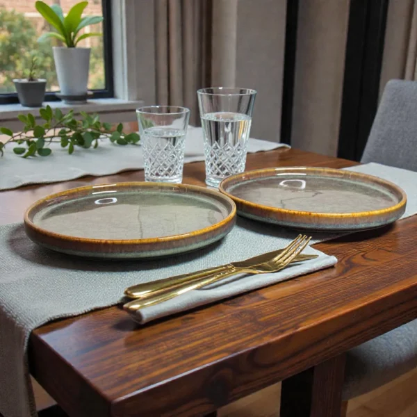 Harmiche Ember Moss Ceramic Quarter Plates with Rim (Set of 2) – 7 Inch Snack & Dessert Plates
