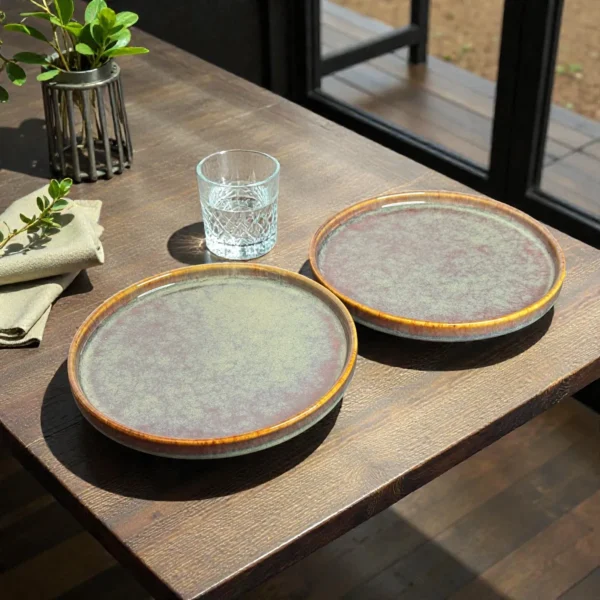 Harmiche Ember Moss Ceramic Quarter Plates with Rim (Set of 2) – 7 Inch Snack & Dessert Plates