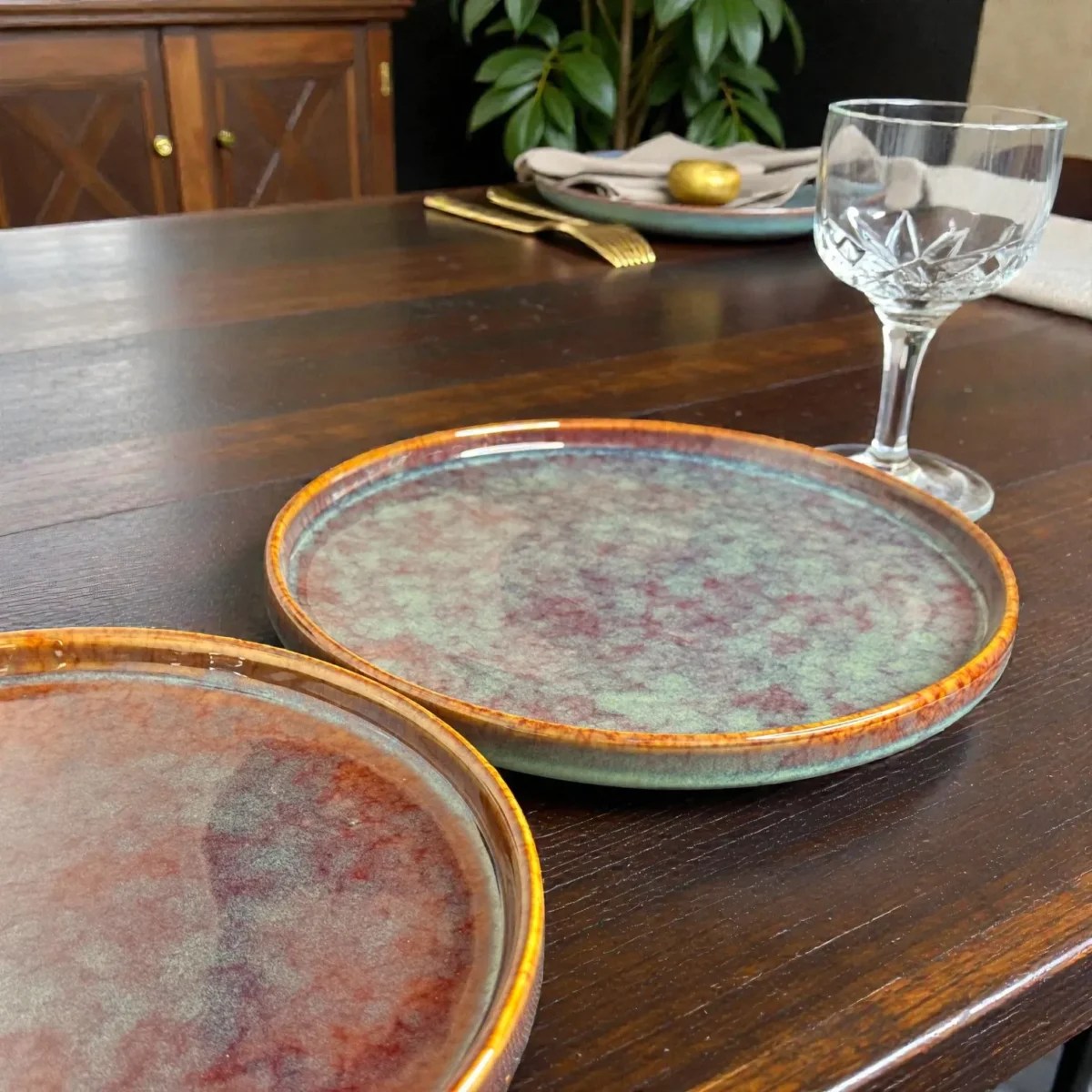 Harmiche Ember Moss Ceramic Dinner Plates with Rim (Set of 2) – 10 Inch Main Course Plates