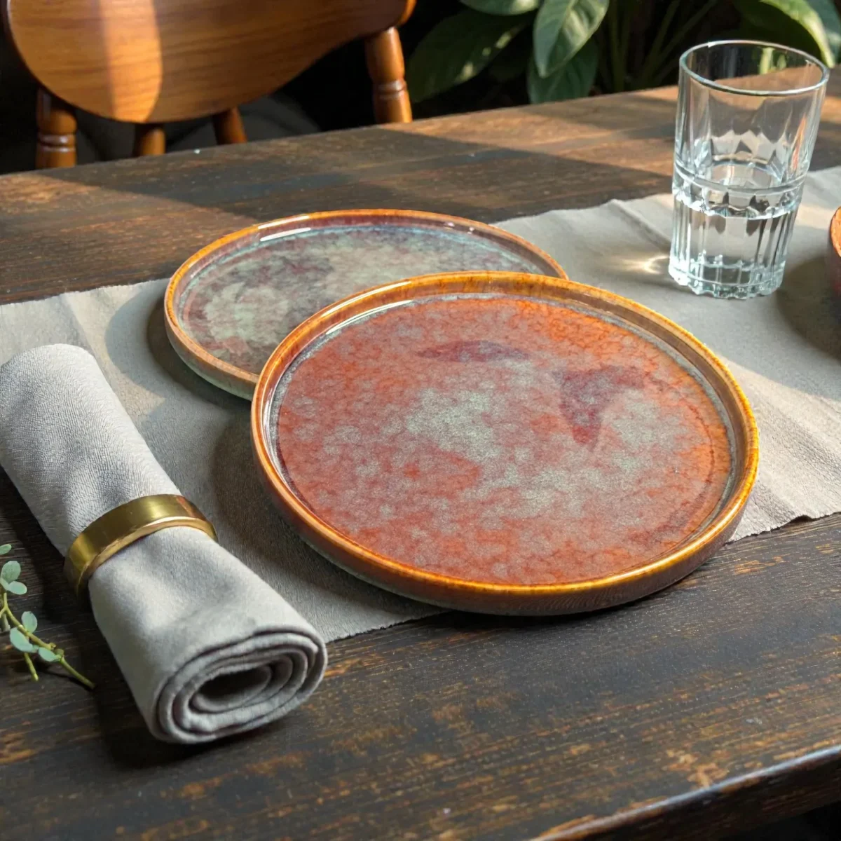 Harmiche Ember Moss Ceramic Dinner Plates with Rim (Set of 2) – 10 Inch Main Course Plates