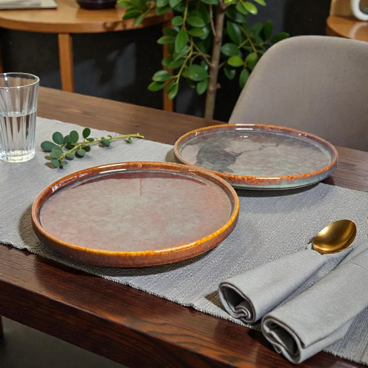 Harmiche Ember Moss Ceramic Dinner Plates with Rim (Set of 2) – 10 Inch Main Course Plates