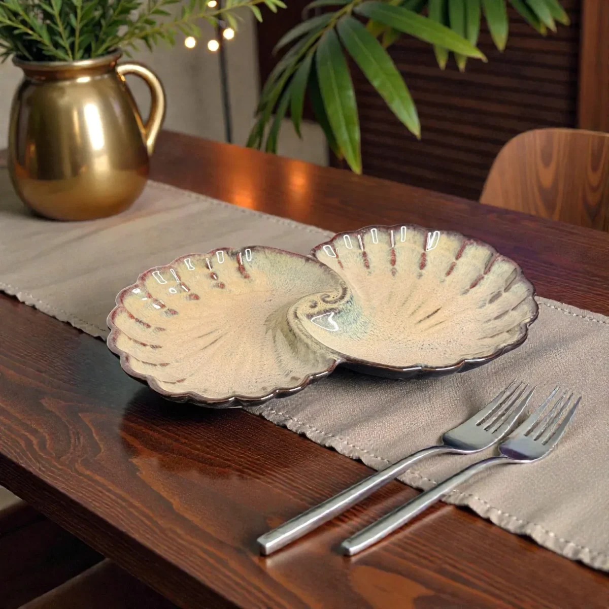 Harmiche TideShell Swirl Ceramic Platter (12” x 6”) | Statement Serving Platter