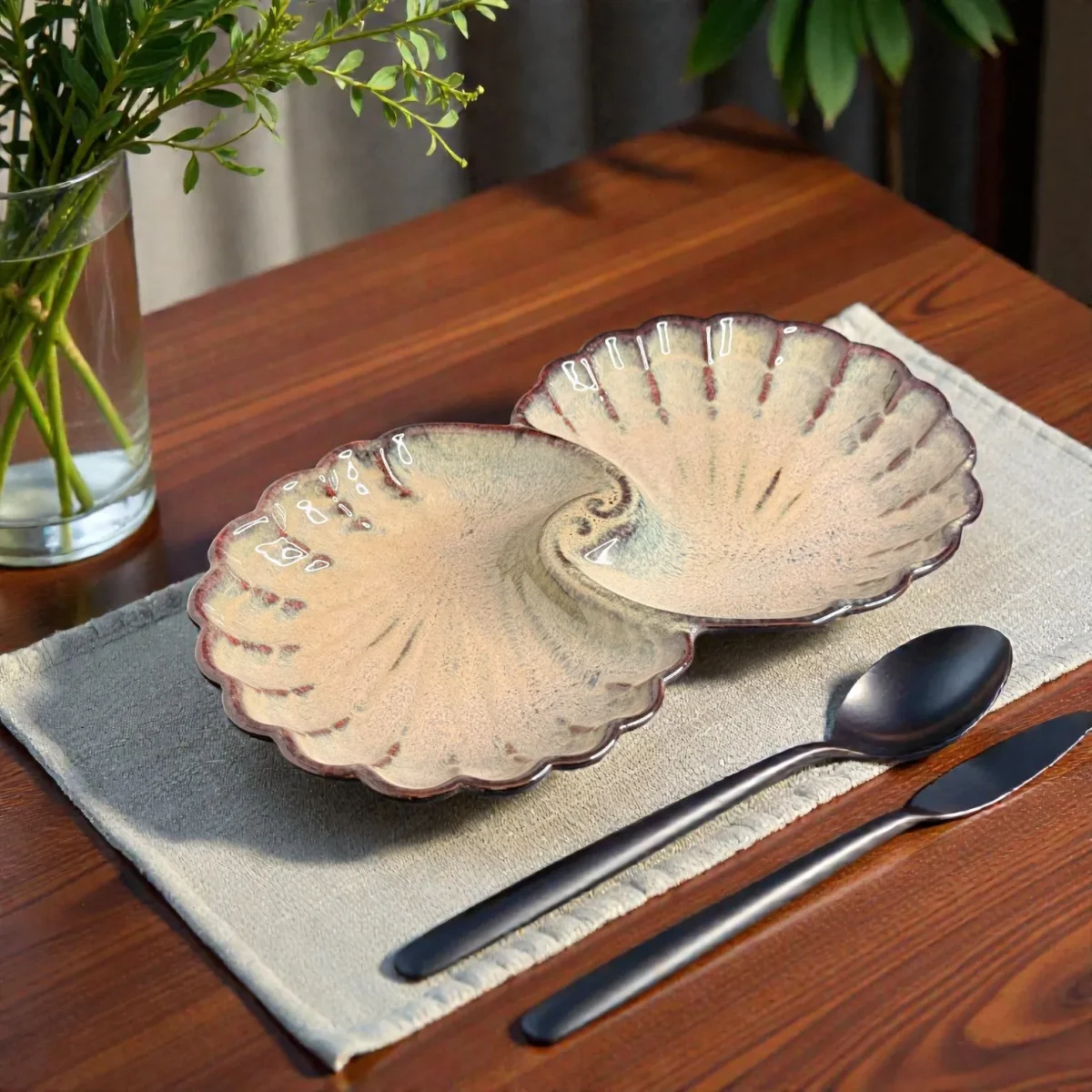 Harmiche TideShell Swirl Ceramic Platter (12” x 6”) | Statement Serving Platter