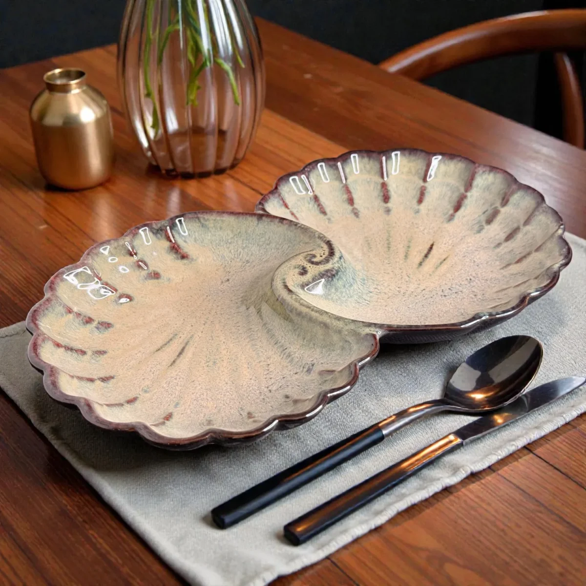Harmiche TideShell Swirl Ceramic Platter (12” x 6”) | Statement Serving Platter