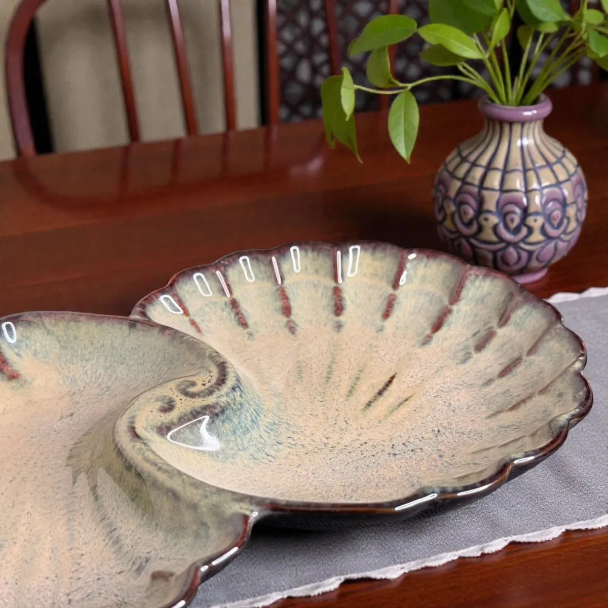 Harmiche TideShell Swirl Ceramic Platter (12” x 6”) | Statement Serving Platter