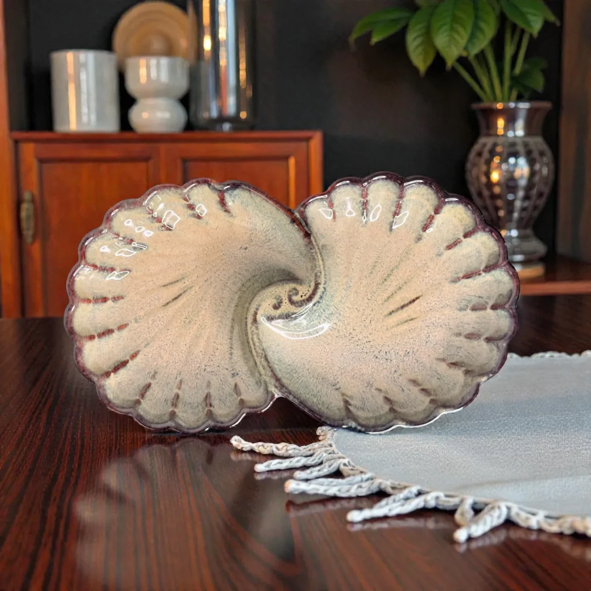 Harmiche TideShell Swirl Ceramic Platter (12” x 6”) | Statement Serving Platter