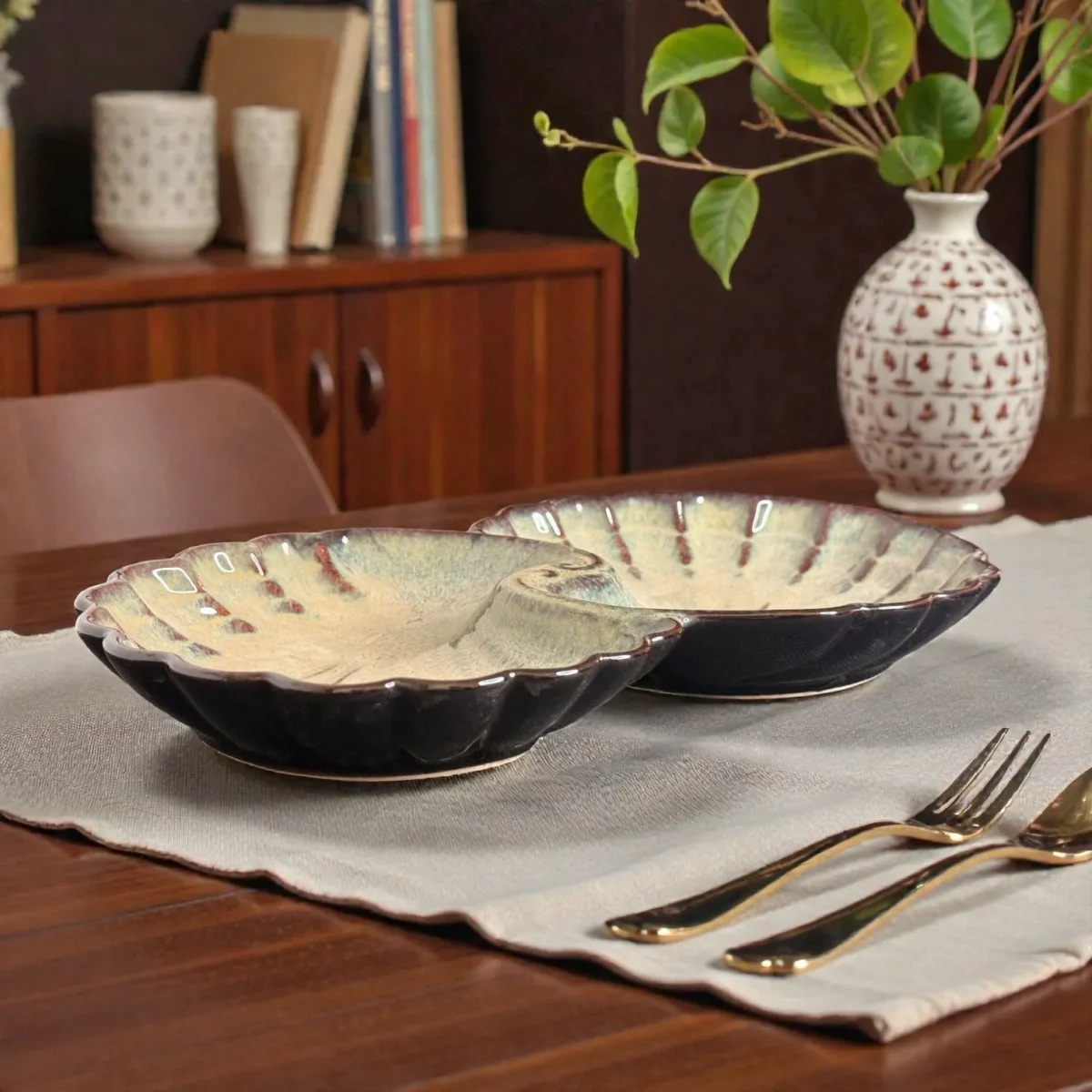 Harmiche TideShell Swirl Ceramic Platter (12” x 6”) | Statement Serving Platter