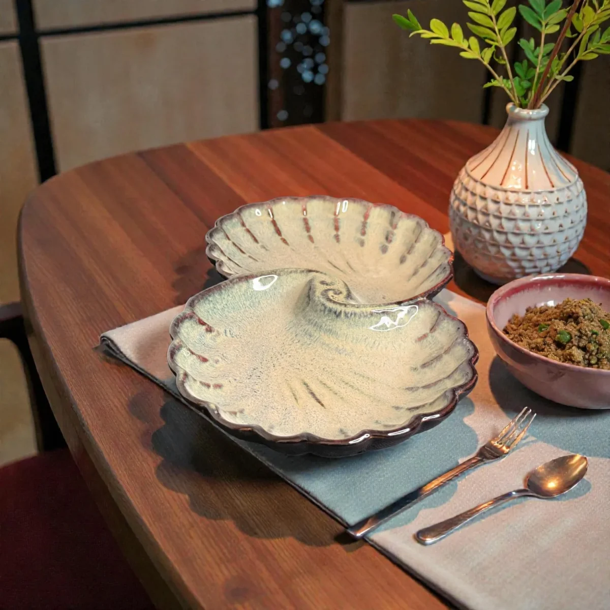 Harmiche TideShell Swirl Ceramic Platter (12” x 6”) | Statement Serving Platter