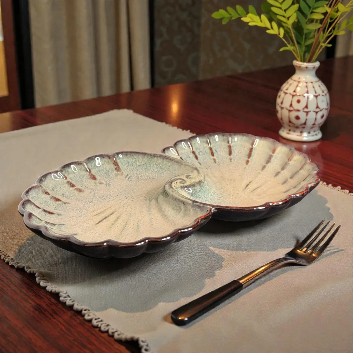 Harmiche TideShell Swirl Ceramic Platter (12” x 6”) | Statement Serving Platter