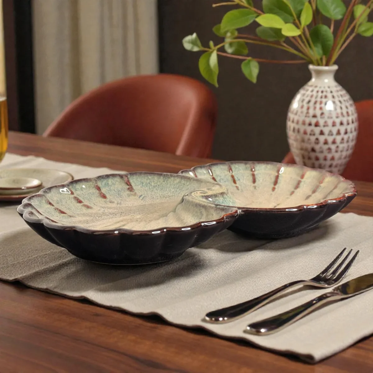 Harmiche TideShell Swirl Ceramic Platter (12” x 6”) | Statement Serving Platter