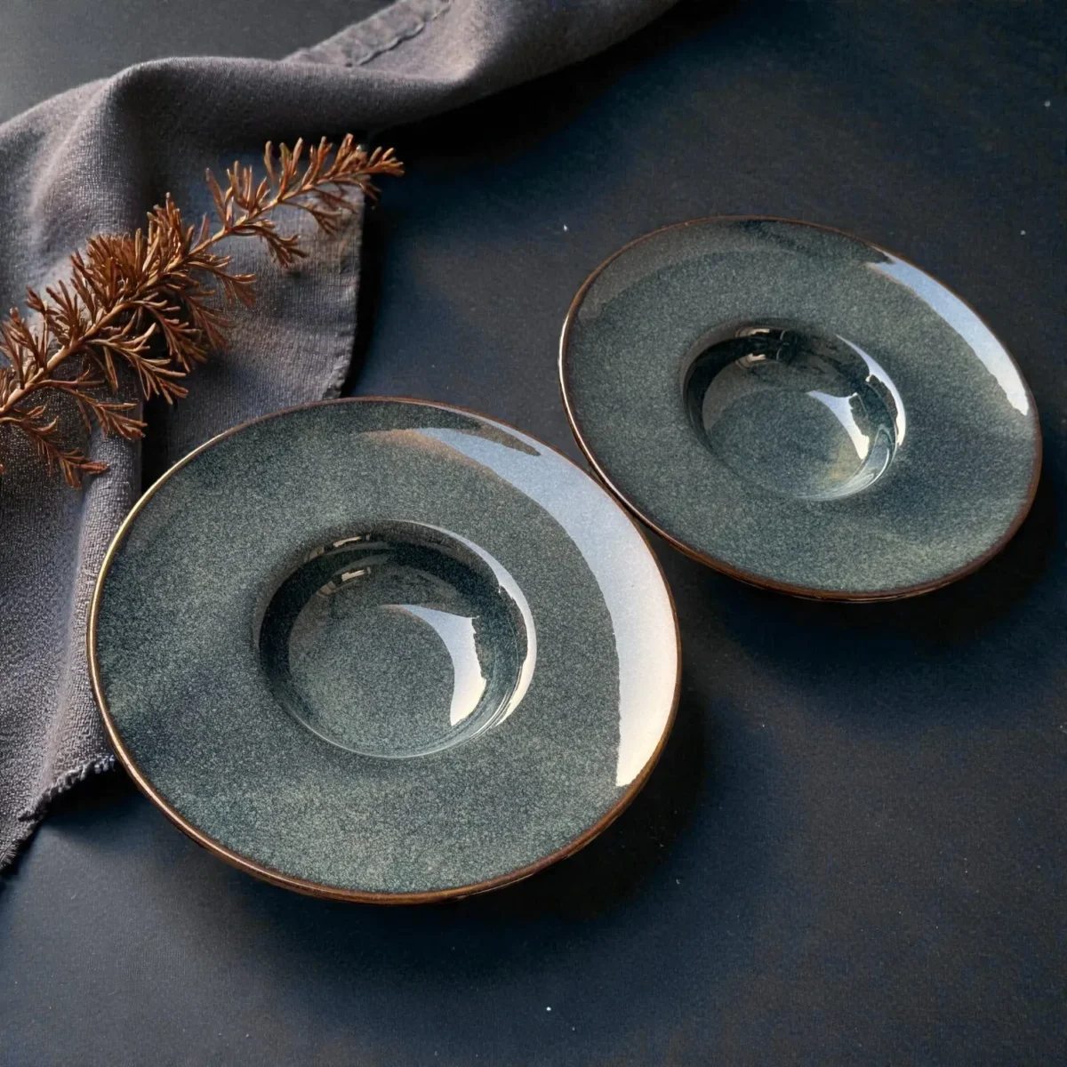 Harmiche Storm Ash Rimmed Ceramic Pasta Plates (Set of 2) – 11 Inch (275ml) | Inner Bowl 5 Inch