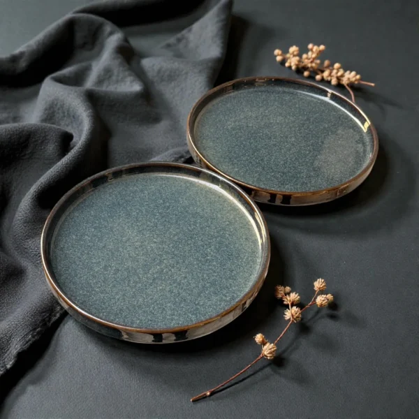 Harmiche Storm Ash Slate-Speckle Rimmed Ceramic Quarter Plates (Set of 2) – 8 Inch