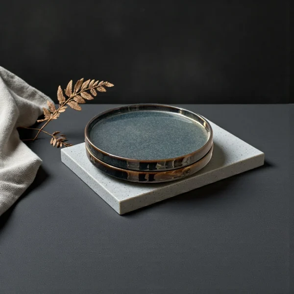 Harmiche Storm Ash Slate-Speckle Rimmed Ceramic Quarter Plates (Set of 2) – 8 Inch