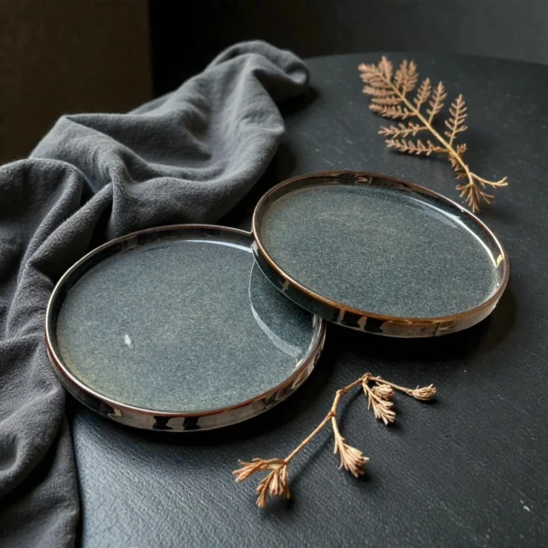 Harmiche Storm Ash Slate-Speckle Rimmed Ceramic Quarter Plates (Set of 2) – 8 Inch