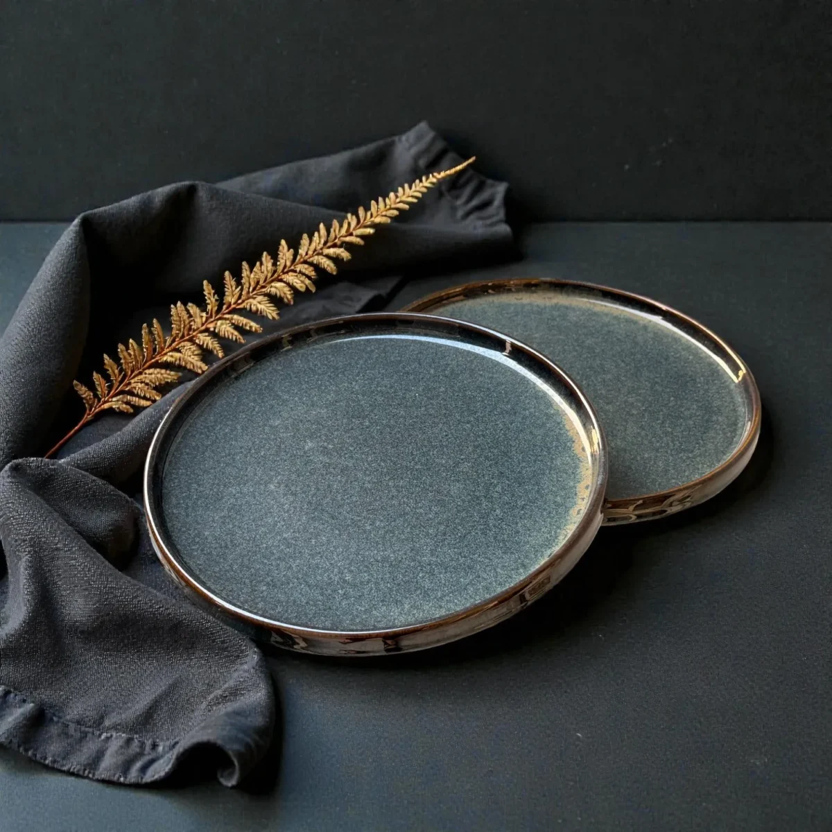Harmiche Storm Ash Slate-Speckle Rimmed Ceramic Dinner Plates (Set of 2) – 10 Inch