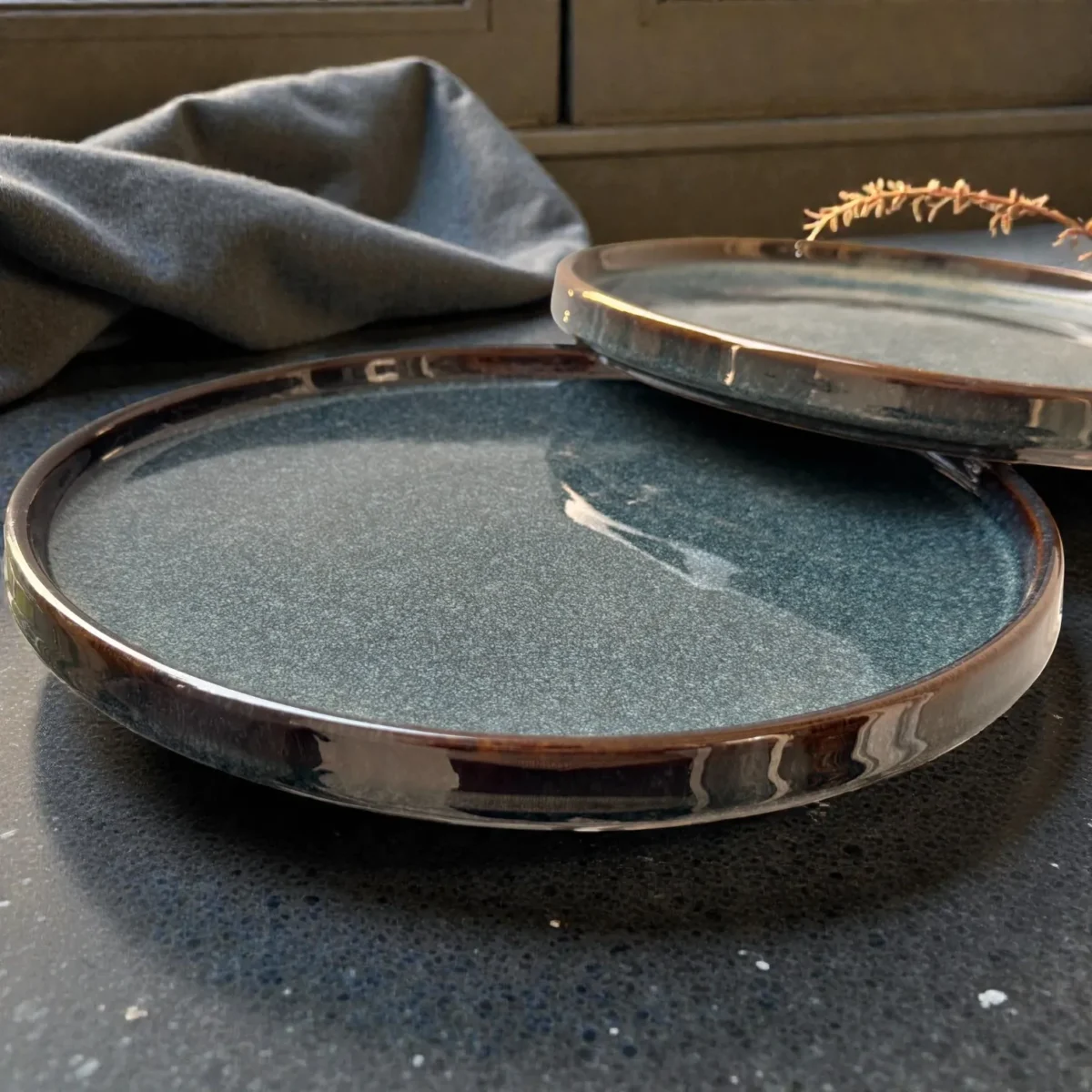 Harmiche Storm Ash Slate-Speckle Rimmed Ceramic Dinner Plates (Set of 2) – 10 Inch