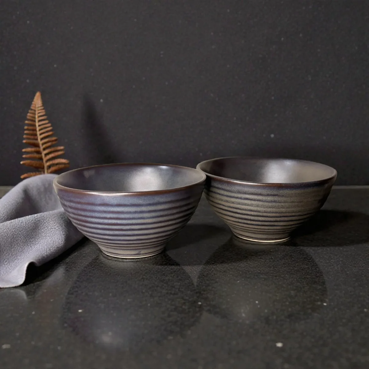 Harmiche Obsidian Ridge Strata Ribbed Ceramic Serving Bowls (Set of 2) – 7 Inch, 800 ml