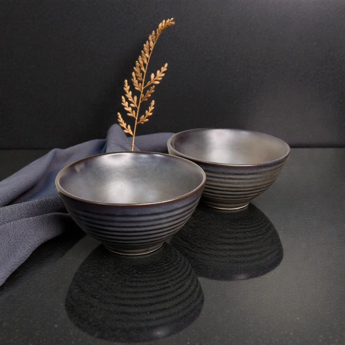 Harmiche Obsidian Ridge Strata Ribbed Ceramic Serving Bowls (Set of 2) – 7 Inch, 800 ml
