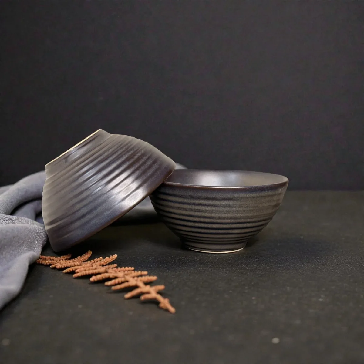 Harmiche Obsidian Ridge Strata Ribbed Ceramic Serving Bowls (Set of 2) – 7 Inch, 800 ml