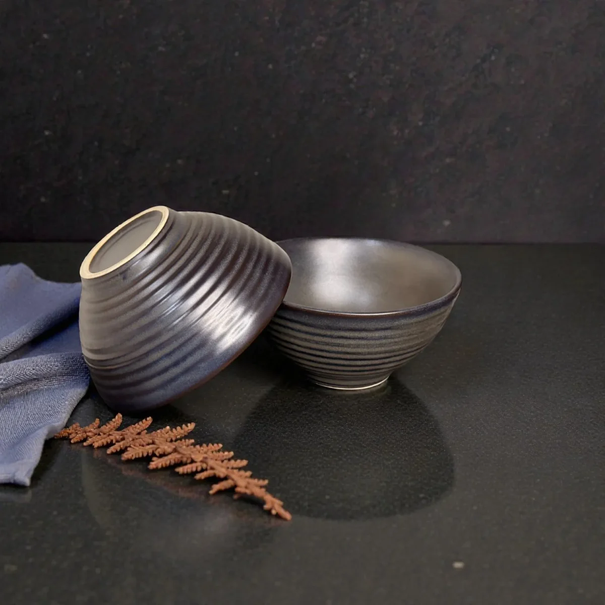 Harmiche Obsidian Ridge Strata Ribbed Ceramic Serving Bowls (Set of 2) – 7 Inch, 800 ml