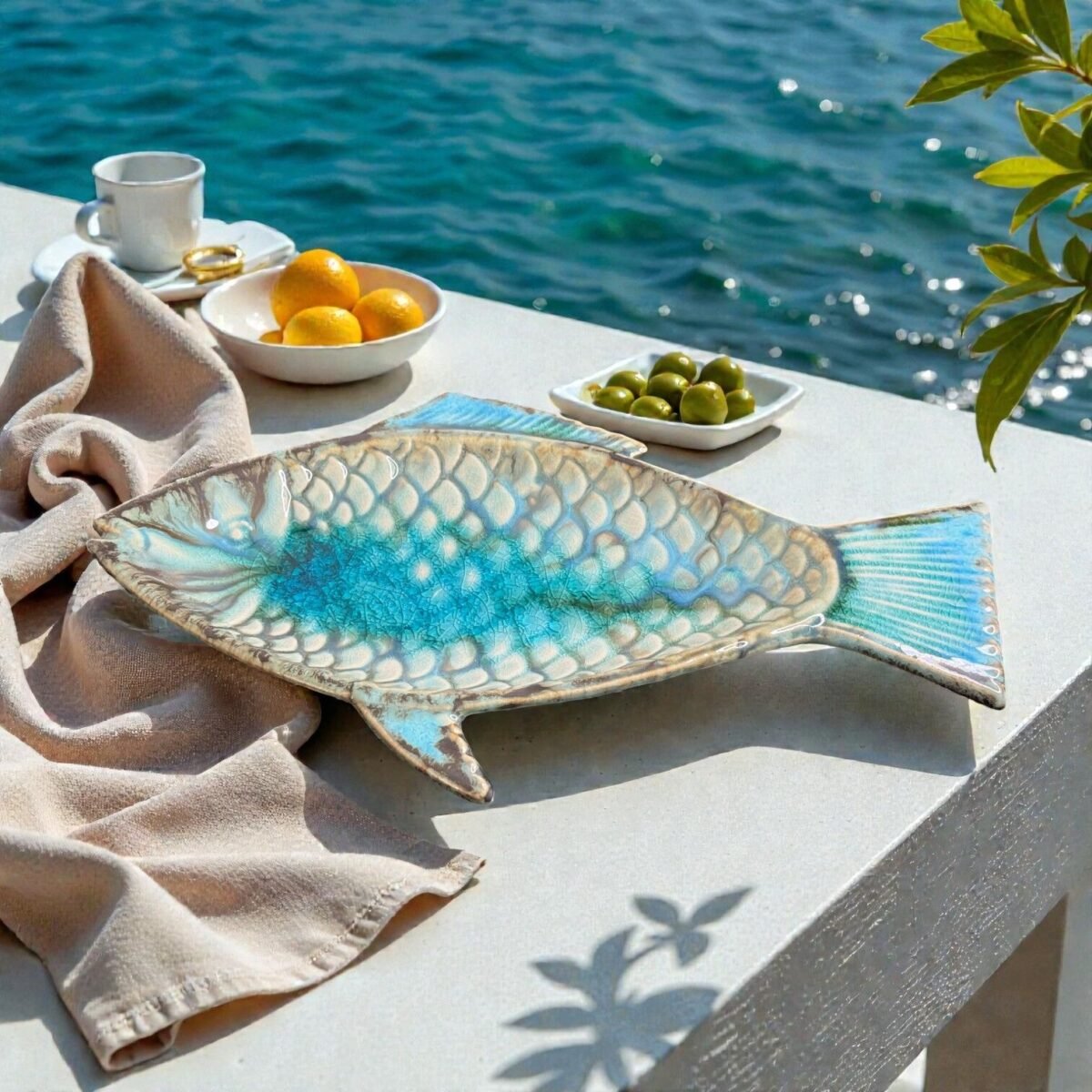 Harmiche Laguna Luxe Crackle Fish Ceramic Serving Platter – Coastal Blue (8.5” x 4” Center Serving Area)