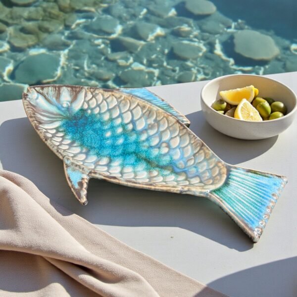 Harmiche Laguna Luxe Crackle Fish Ceramic Serving Platter – Coastal Blue (8.5” x 4” Center Serving Area)