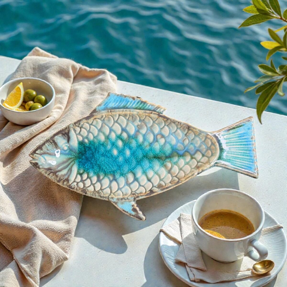 Harmiche Laguna Luxe Crackle Fish Ceramic Serving Platter – Coastal Blue (8.5” x 4” Center Serving Area)