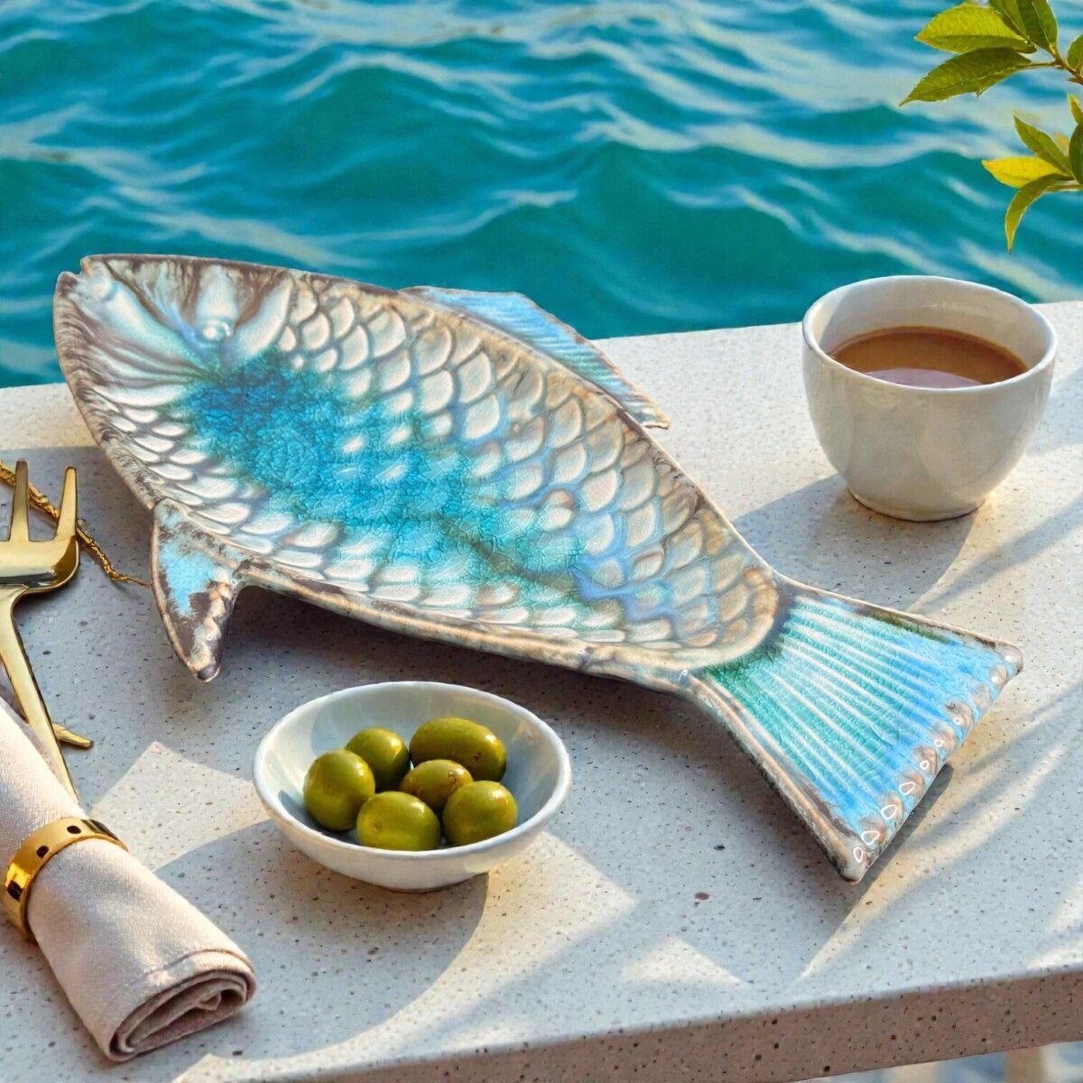 Harmiche Laguna Luxe Crackle Fish Ceramic Serving Platter – Coastal Blue (8.5” x 4” Center Serving Area)