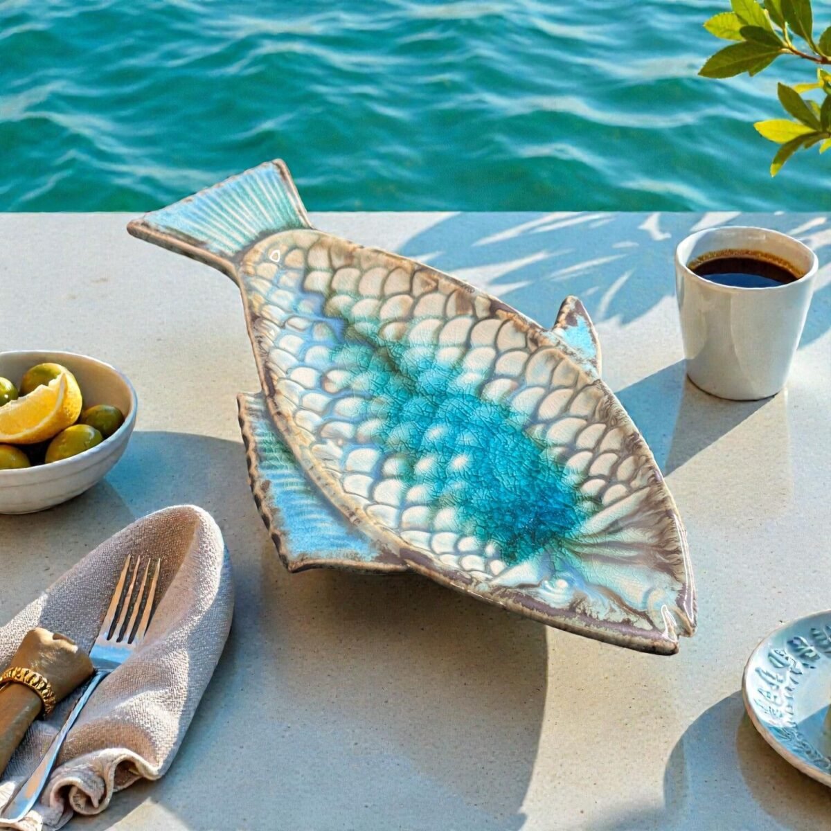Harmiche Laguna Luxe Crackle Fish Ceramic Serving Platter – Coastal Blue (8.5” x 4” Center Serving Area)