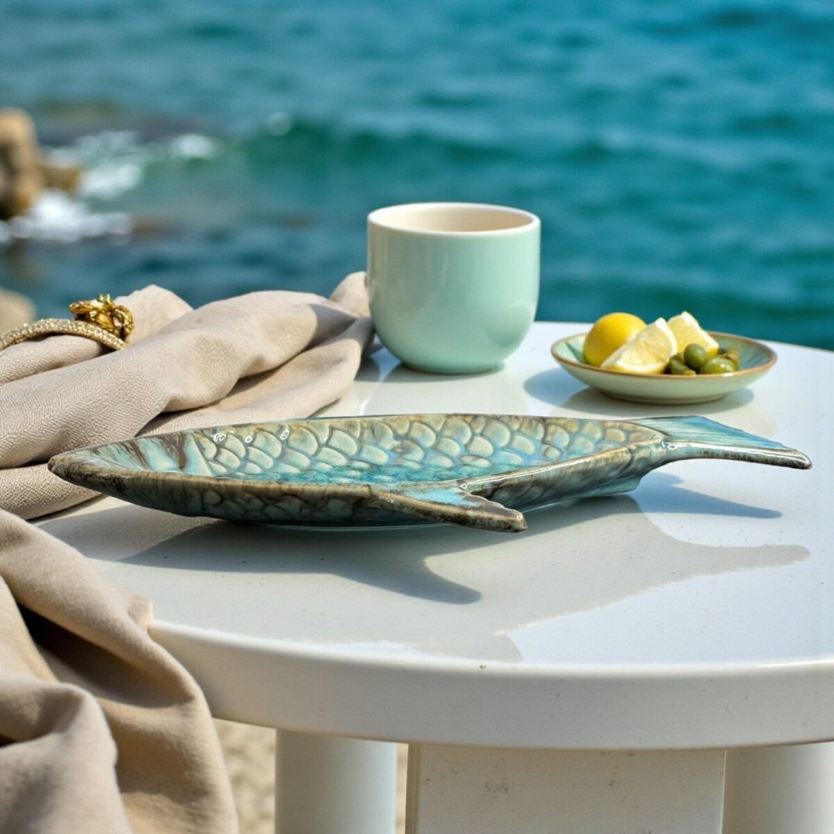 Harmiche Laguna Luxe Crackle Fish Ceramic Serving Platter – Coastal Blue (8.5” x 4” Center Serving Area)