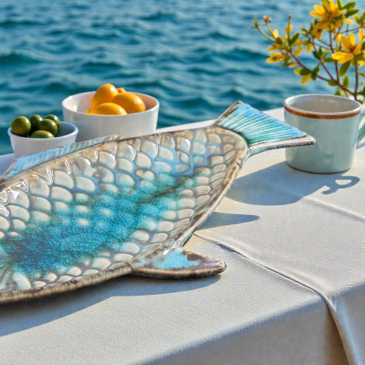 Harmiche Laguna Luxe Crackle Fish Ceramic Serving Platter – Coastal Blue (8.5” x 4” Center Serving Area)