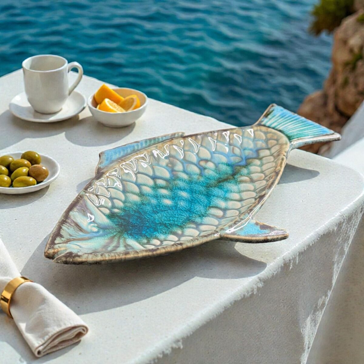 Harmiche Laguna Luxe Crackle Fish Ceramic Serving Platter – Coastal Blue (8.5” x 4” Center Serving Area)
