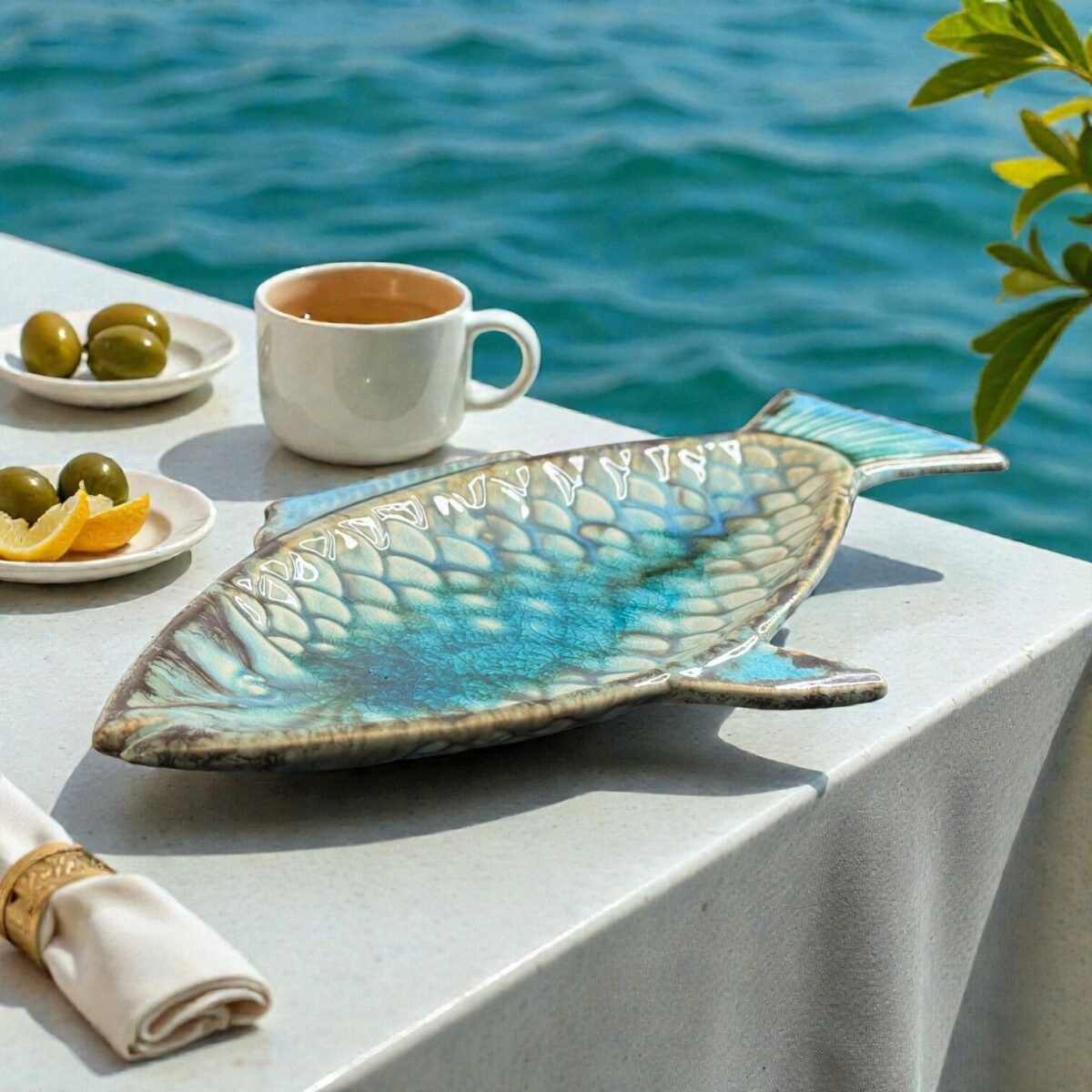 Harmiche Laguna Luxe Crackle Fish Ceramic Serving Platter – Coastal Blue (8.5” x 4” Center Serving Area)