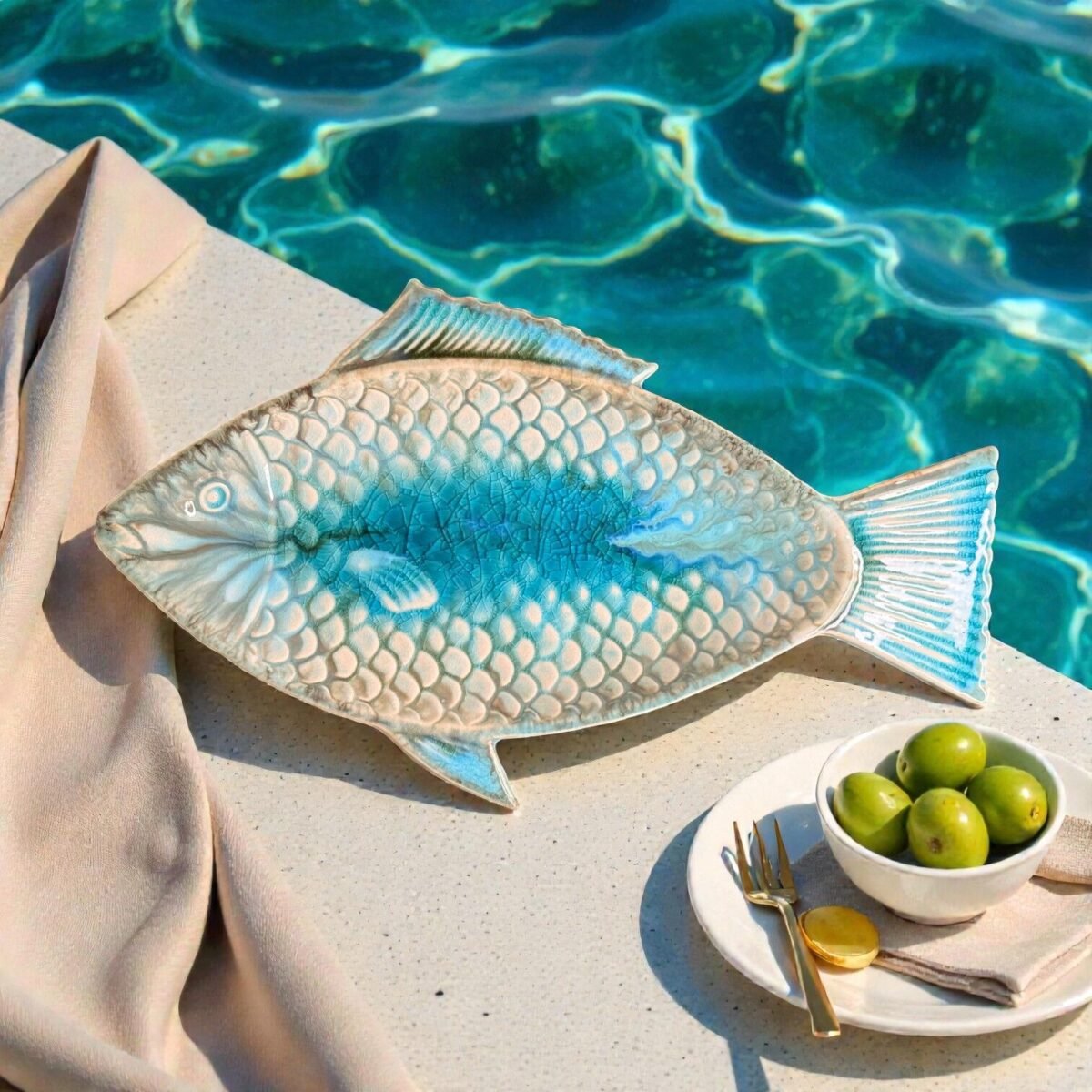 Harmiche Laguna Luxe Crackle Glaze Fish-Shaped Ceramic Serving Platter – 12 x 6 Inch (Coastal Blue)