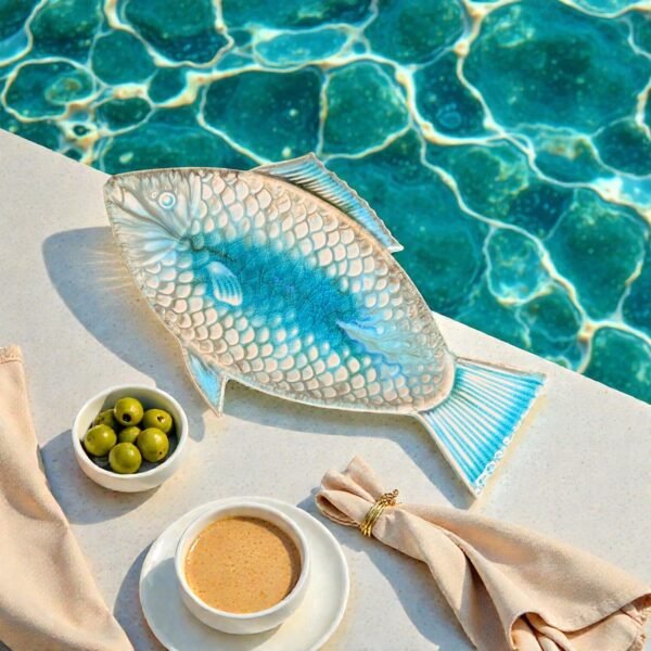 Harmiche Laguna Luxe Crackle Glaze Fish-Shaped Ceramic Serving Platter – 12 x 6 Inch (Coastal Blue)