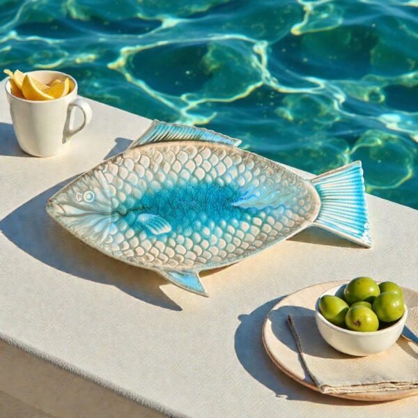 Harmiche Laguna Luxe Crackle Glaze Fish-Shaped Ceramic Serving Platter – 12 x 6 Inch (Coastal Blue)