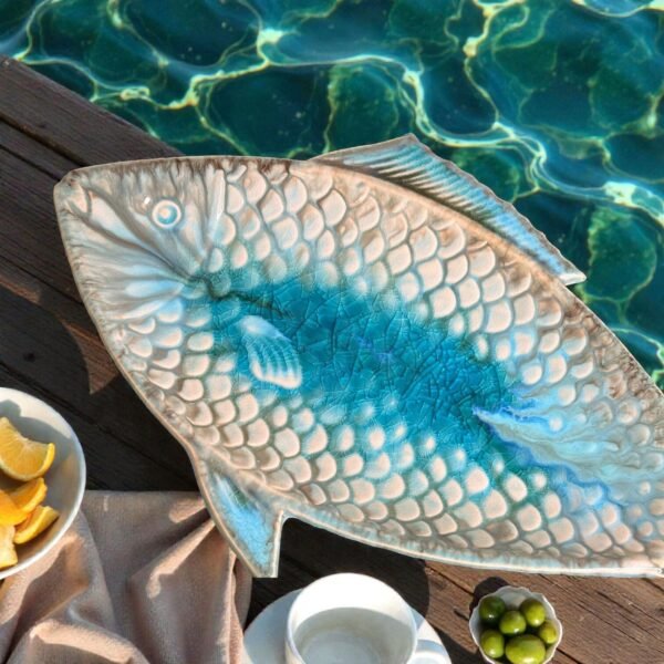 Harmiche Laguna Luxe Crackle Glaze Fish-Shaped Ceramic Serving Platter – 12 x 6 Inch (Coastal Blue)
