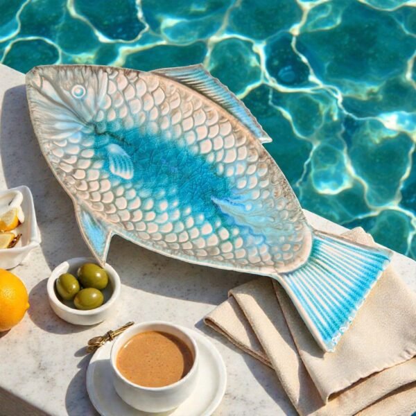 Harmiche Laguna Luxe Crackle Glaze Fish-Shaped Ceramic Serving Platter – 12 x 6 Inch (Coastal Blue)